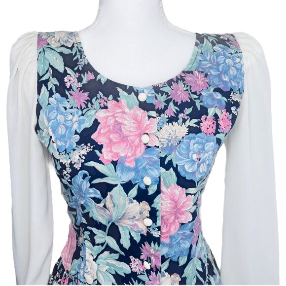 Vintage 80s Womens Floral Granny Cottagecore Sheer Sleeve Dress X-Small / Small - Picture 3 of 13